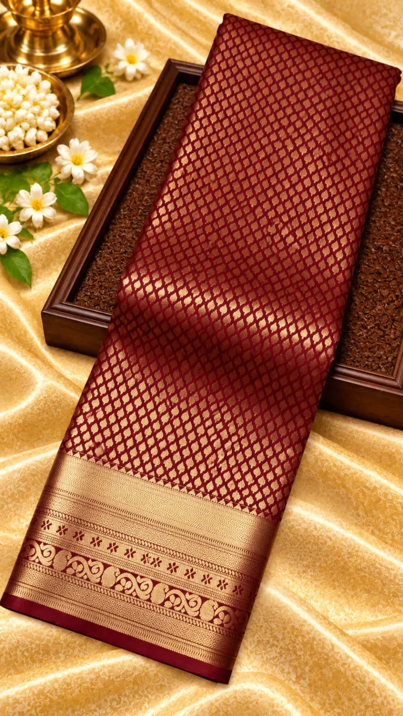 Deep Wine Copper Zari Small Butta Brocade Semi Kanchipuram Silk Saree